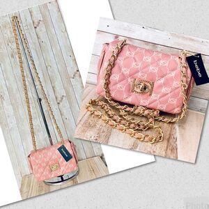 NWT BEBE Gorgeous Pink logo Liv Signature quilted gold chain Crossbody bag
